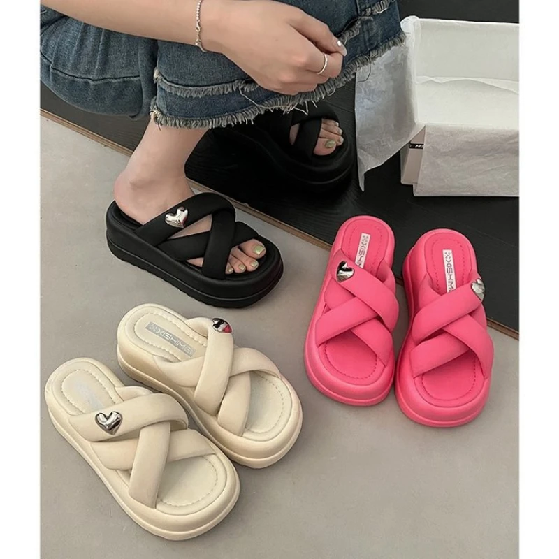 2023 Eva Dikke Zool Damespantoffels 7Cm Matsutake Onderkant Verhoogde Antislip Effen Kleur Slippers Voor Casual Bovenkleding Slippers