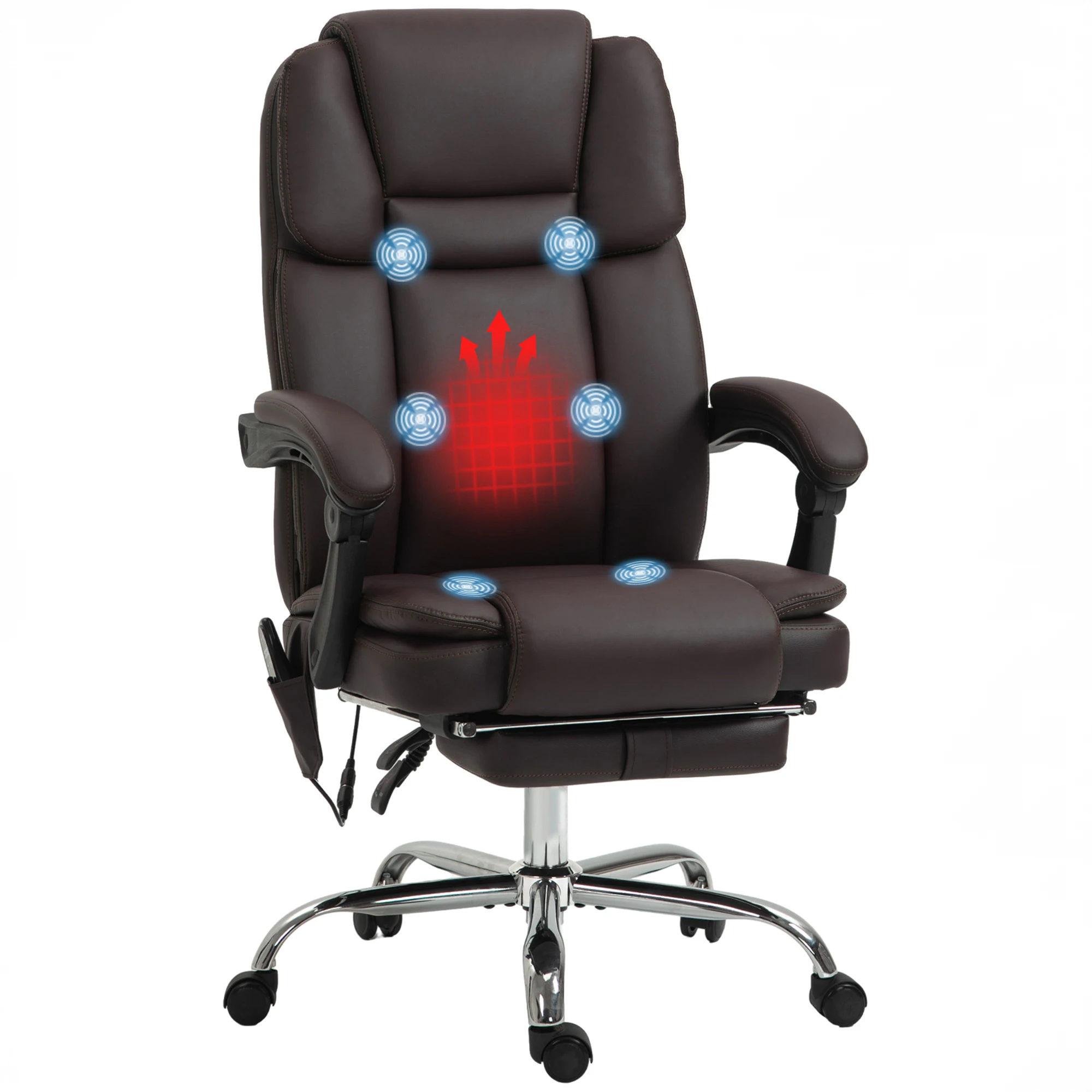6 Point Vibration Massage Office Chair, Pu Leather Reclining Computer Chair with Adjustable Height, Brown