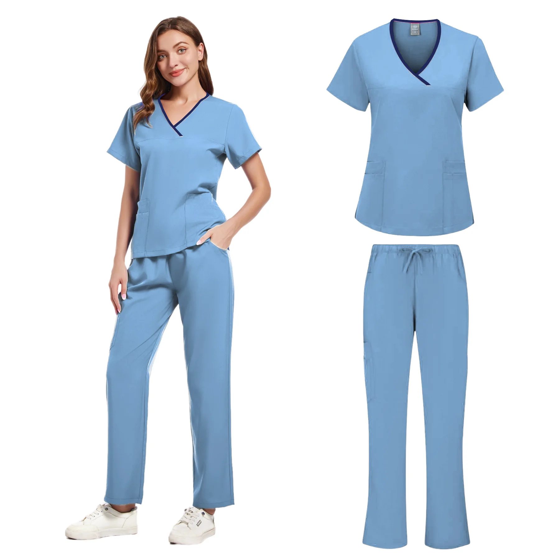 Mulheres fino ajuste esfrega conjuntos uniformes médicos hospital enfermeiras acessórios clínica dentária salão de beleza spa laboratório workwear roupas