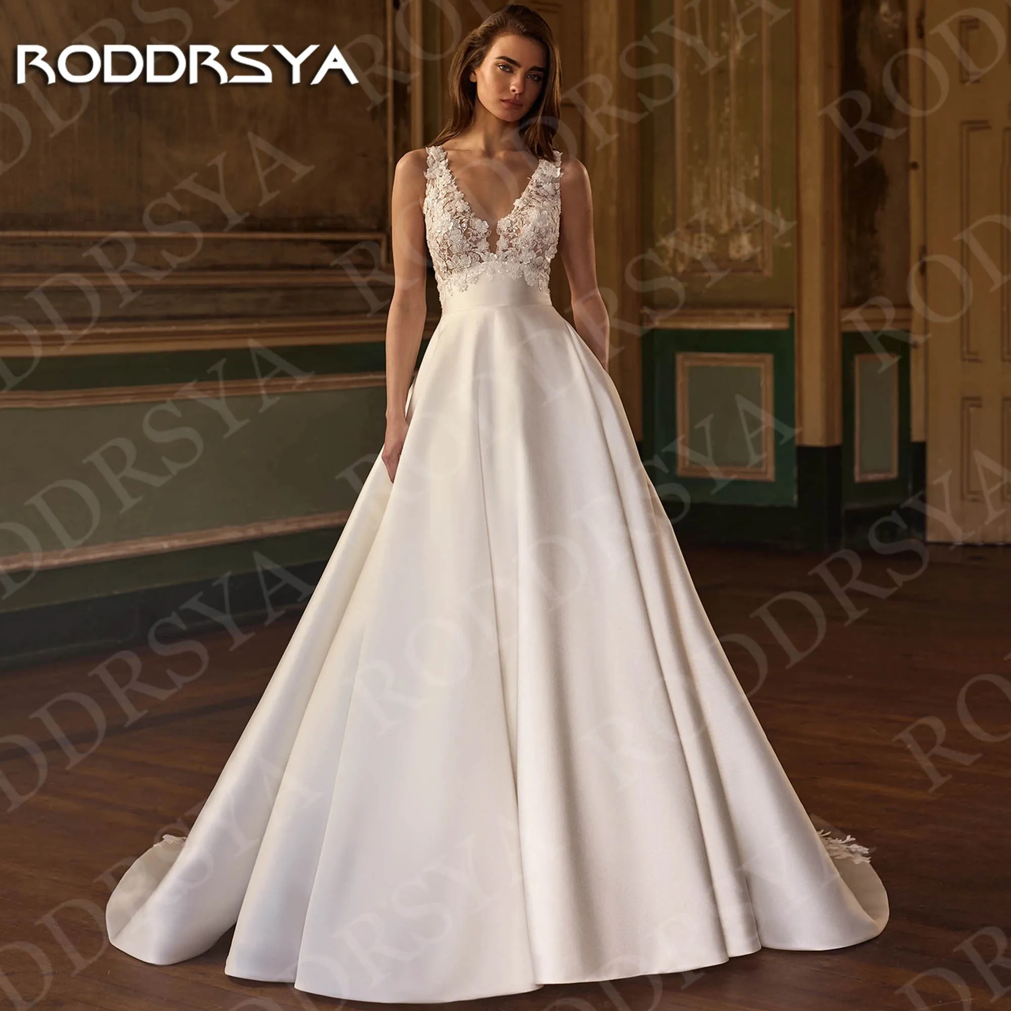 RODDRSYA Customized Wedding Dresses Sleeveless Sexy Deep V Neck Lace Satin Bridal Dress Backless Classic Vestido De Novia 2026