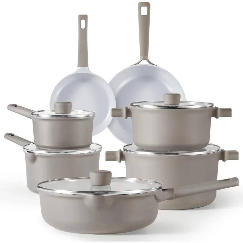 Ceramic Cookware Set 12 Piece, Healthy & PFOA/PFAS Free, Nonstick Pots and Pans Set, Induction-Compatible, Taupe