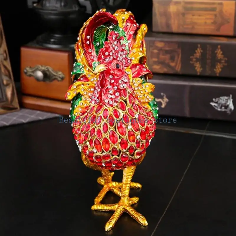 U4LF Standing Rooster Themed Decorative Necklace Rings Storage Box Vibrant Hand Painted Finish Placement For Home Use
