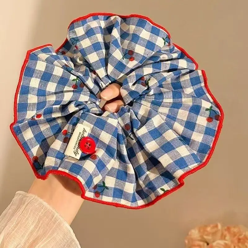 

Popular Blue Plaid Cherry Square Scarf Elastic Scrunchy Set for Women Advanced Lazy Style Hair Accessory Premium Portable