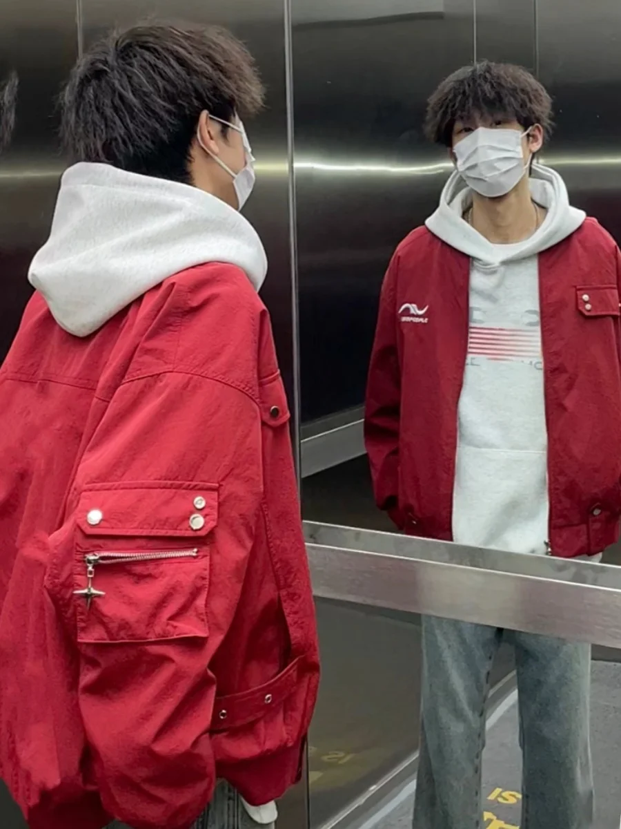 

American Sle Flight Zipper Design Jaet Men's Spring Autumn Loose Workwear Retro Red Baseball Coat Youth Faion Trend