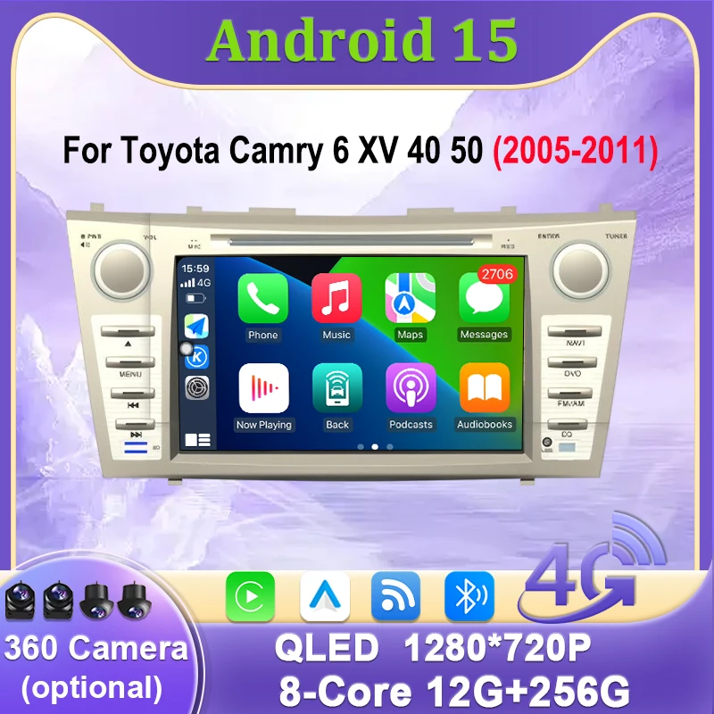 Android 15 Car Radio Auto For Toyota Camry 6 XV 40 50 2005-2011 Video Multimedia Player Carplay Wireless GPS Navigation WIFI 4G