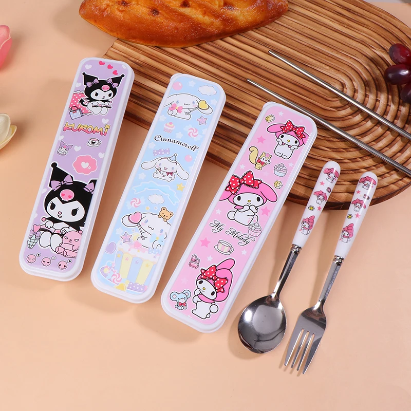 kawaii Hello Kitty Tableware Anime Kuromi My Melody Stainless Steel Chopsticks Spoon Fork Student Office Portable Dinnerware Set