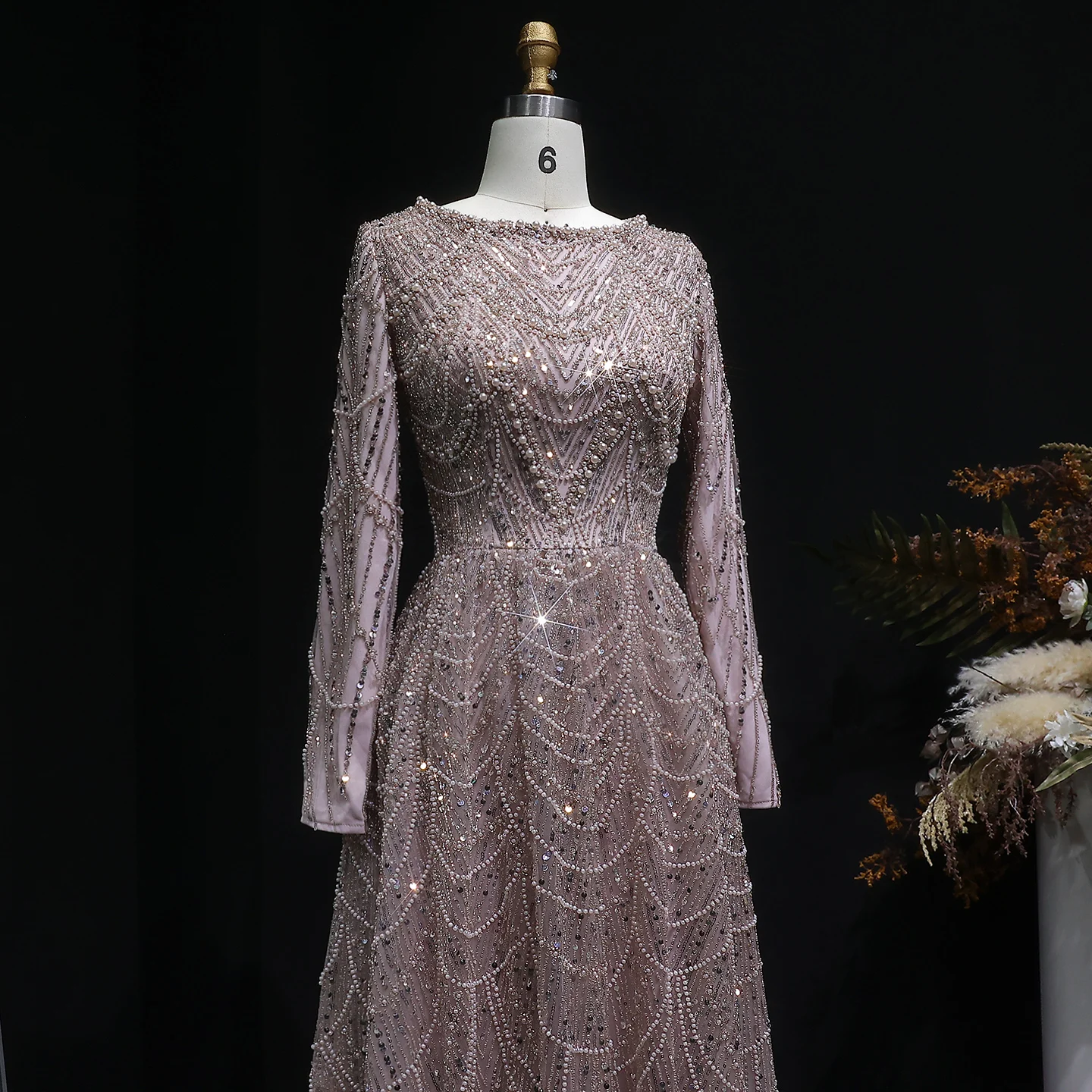 Sharon Said Luxuriöses Dubai-Abendkleid mit grünen Perlen und langen Ärmeln, Saudi-Arabisches Damen-Hochzeitskleid, formelle Partykleider SS625, maßgeschneidert – Detail 23