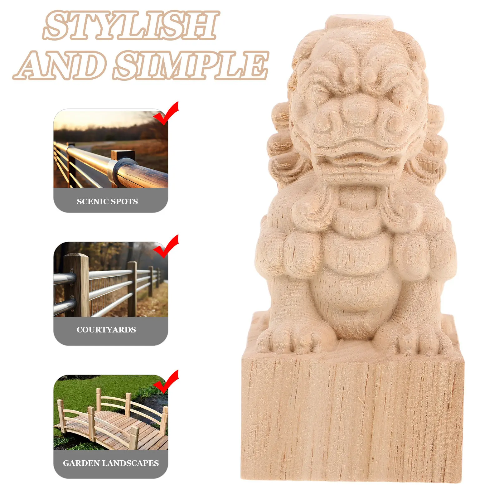 Handcrafted Solid Wood Lion Finials for Garden Bridges Outdoor Arch Bridge Column Caps Decorative Miniature Chinese Style