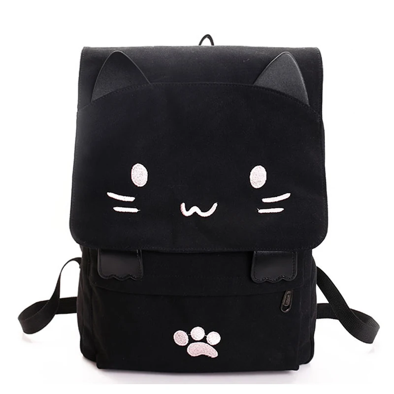 fashion Cute Cat Embroidery Canvas Student bag Cartoons Women Backpack Leisure School bag black&white