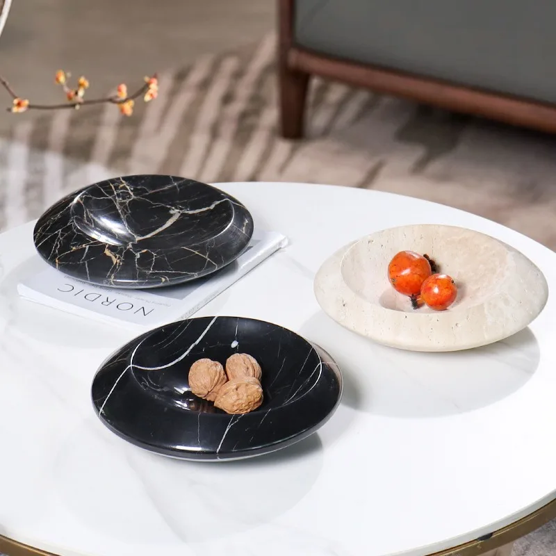Natural Black Marble Round Fruit Tray, Minimalist Storage Dish, Coffee Table Decorative Bowl for Showroom,Tabletop Home Ornament