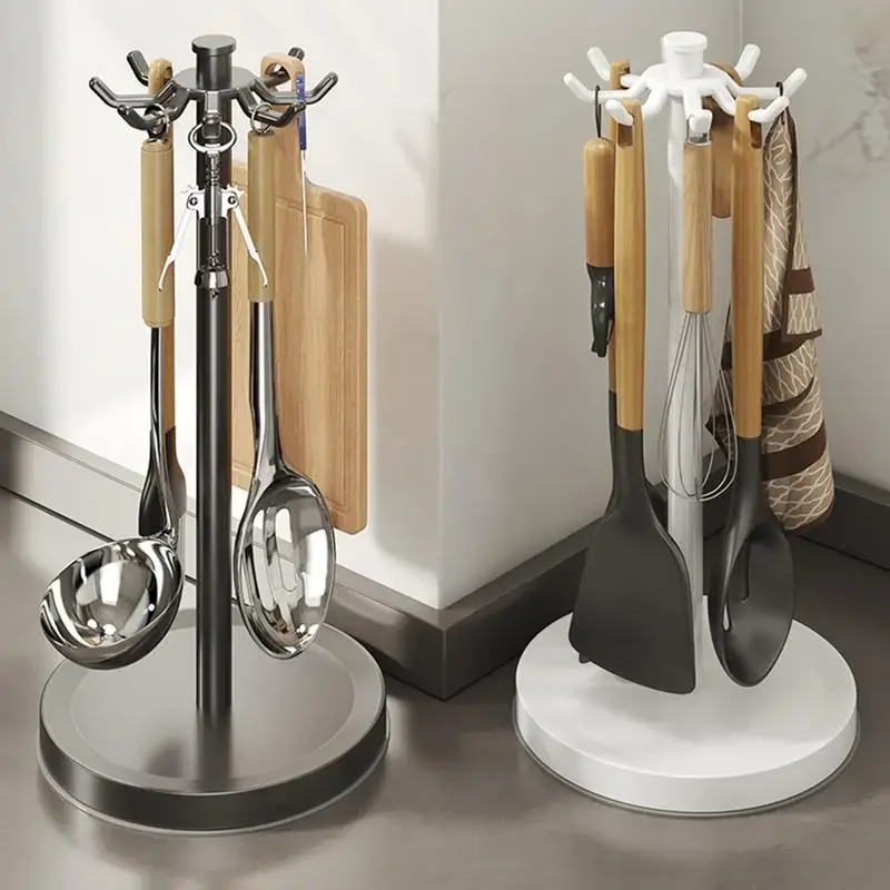 360° Rotating Utensil Holder for Kitchen Countertop - Organizer Stand with 8 Sturdy Hooks for Cooking Tools and Spatulas Storage