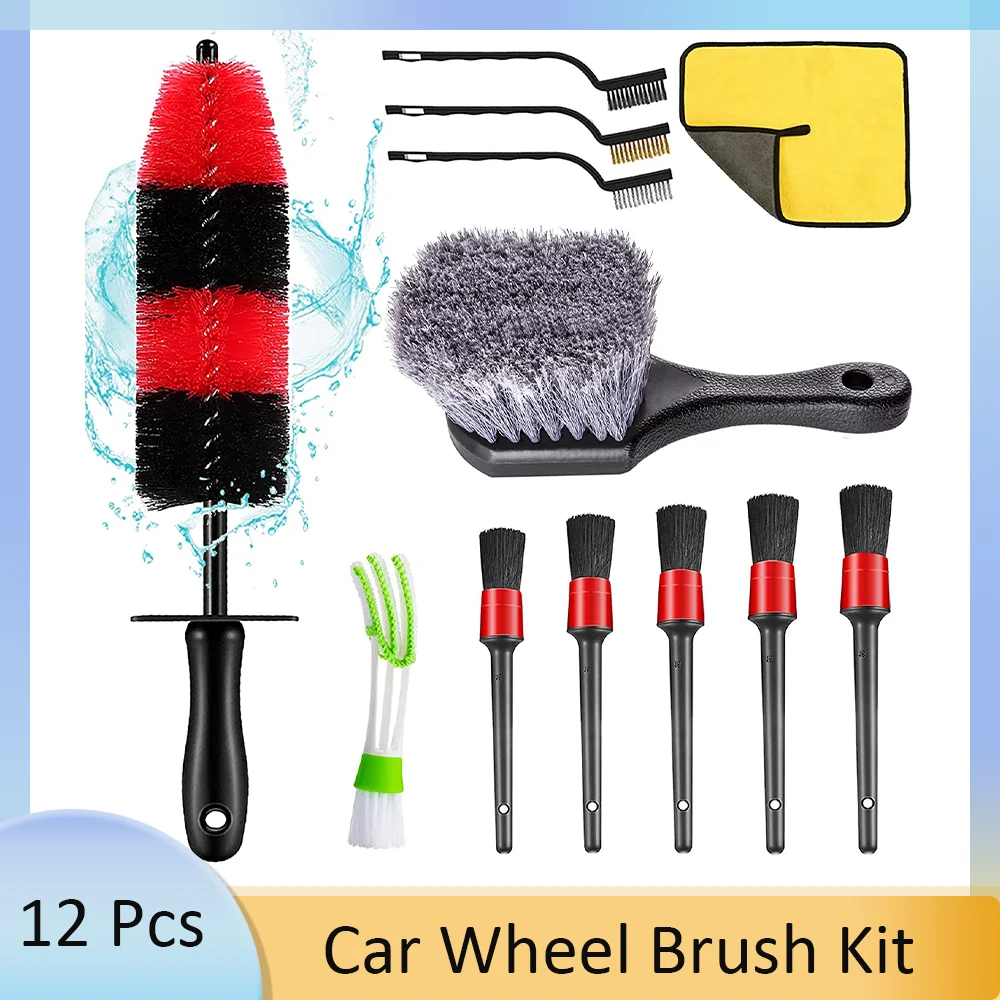 12Pcs Car Wheel Brush Kit Long Wheel Brush Detail and Towel Suit for Cleaning Car Wheels & Interior Exterior