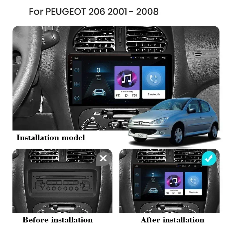 

2DIN Android 13 radio For Peugeot 206 206CC 206SW 2001 2002 2003-2008 Car stereo Multimedia Player Carplay Auto GPS Navigation