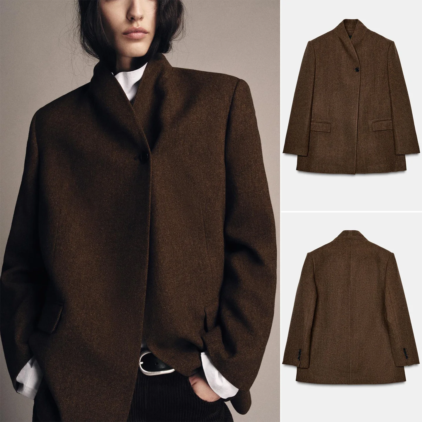 

Winter New Casual Sle Women's Long Sve Stand Collar Single Row Multi-Bule Herringbone Pattern Suit Jaet Polyester Fiber