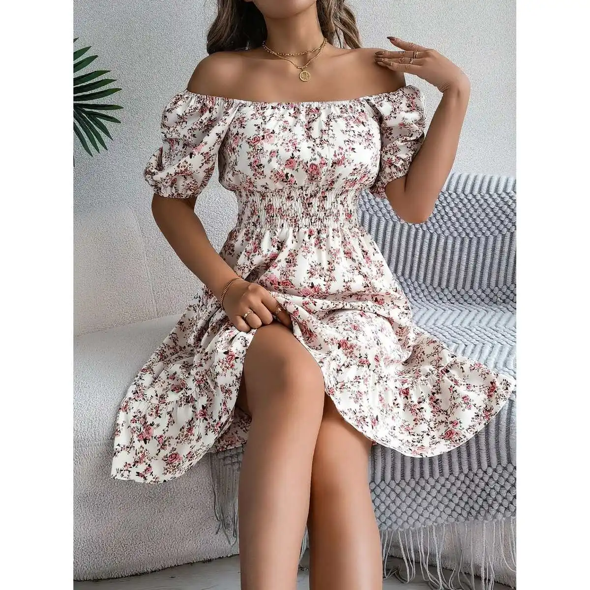 Bloemenprint Vierkant Ne ort Sve Dr Dames Street Sle Midi A-lijn Rok Katoen Zomer Dr Bloemen A-lijn Dr