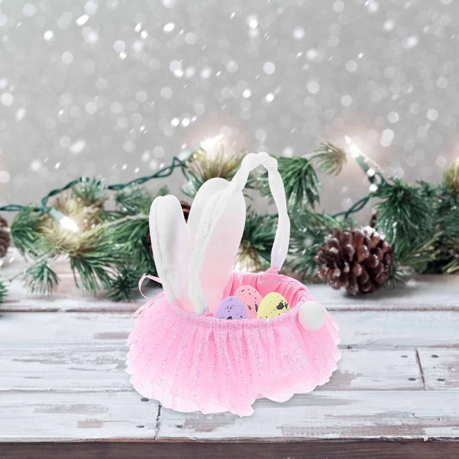 

Easter Bunny Flower Basket Rabbit Ears Pink 5854 Hand Tote Gauze Girl Storage Woven Baskets With Handle For Picnic Beach Trip
