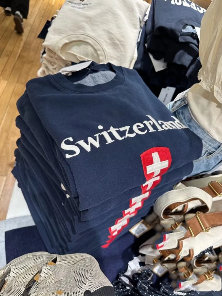 Casual Women Navy Sweatshirts 2023 Fall Vintage O Neck Switzerland Embroidery Sweaters Female Chic Pullovers