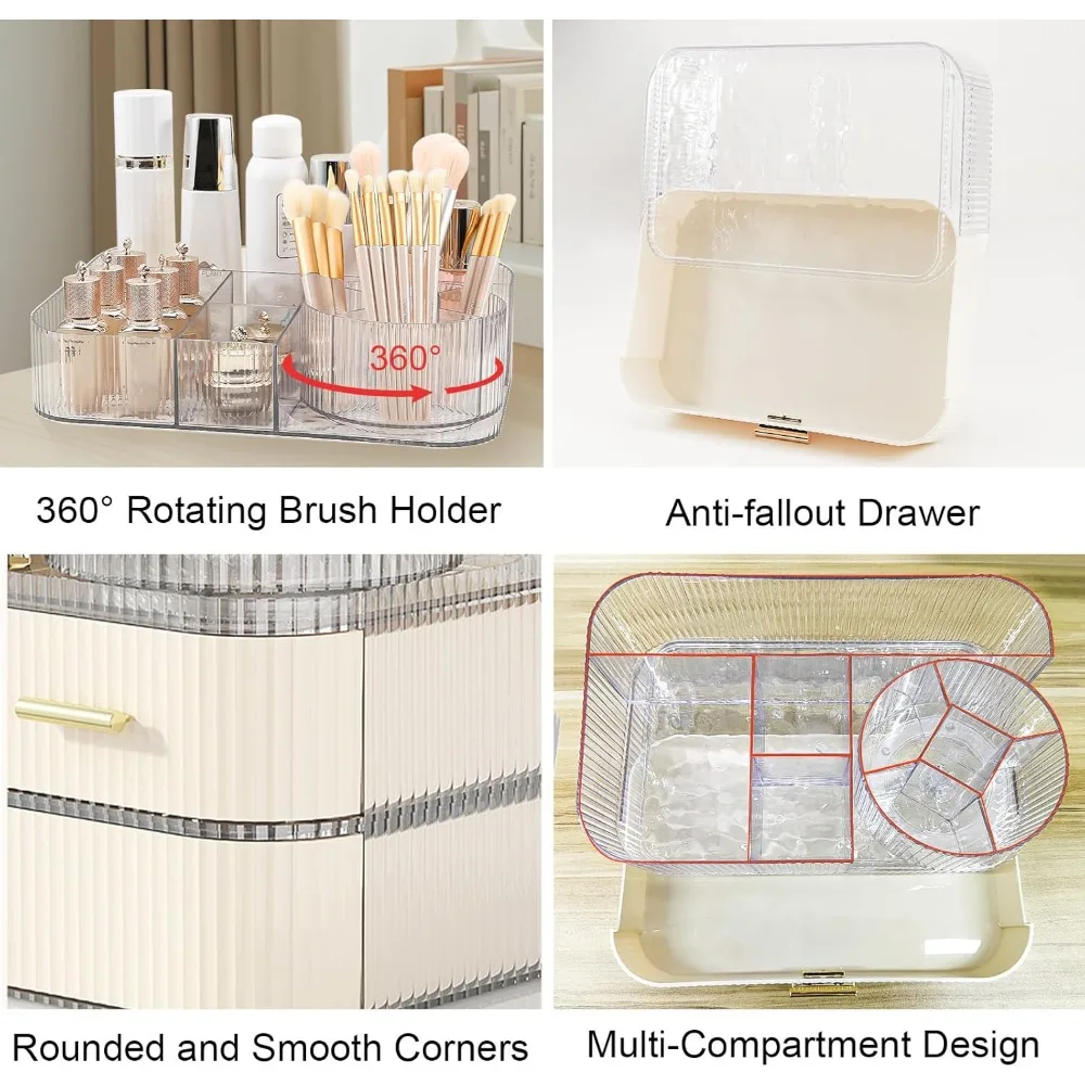 DASITON Makeup Organizer with Drawers and Rotating Makeup Brush Holder,Large Capacity Stackable Cosmetic Organizer Countertop,Ba
