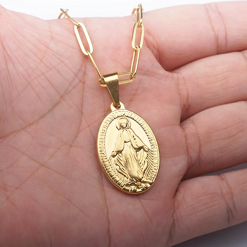 Stainless Steel Virgin Medal Necklace For Women Gold/Silver Color Metal Virgin Mary Pendant Necklaces Choker Necklace Femme