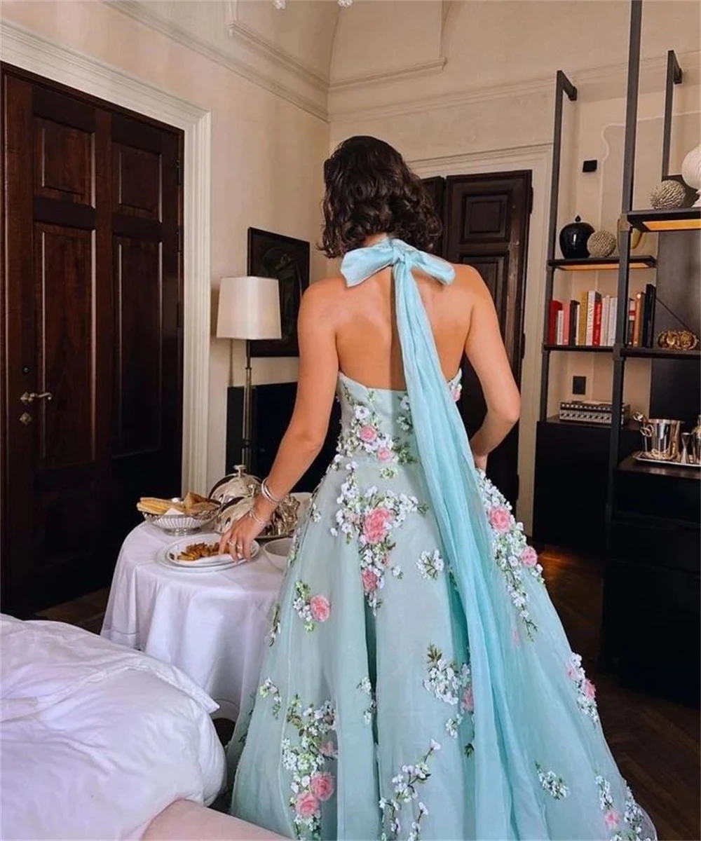 Vestido de noche informal con bordado de flores de Organza, vestido de fiesta de Navidad, Halter a medida, vestidos largos para ocasiones