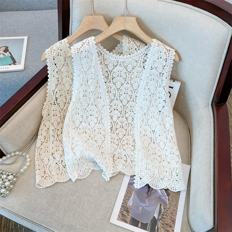Bohemian Lace Knit Vest Spring Outing Thin Cardigan Sleeveless Top Open Front Beach Holiday Wear for Women