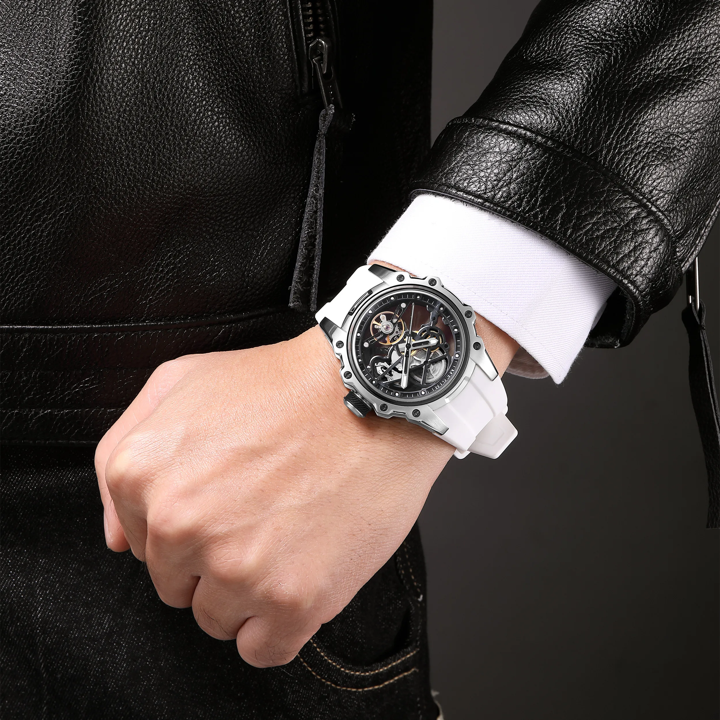 MEGIR Skeleton Dial Automatic Mechanical Watches Stainless Steel Case Waterproof Male Sports Business Wristwatch Gifts for Men