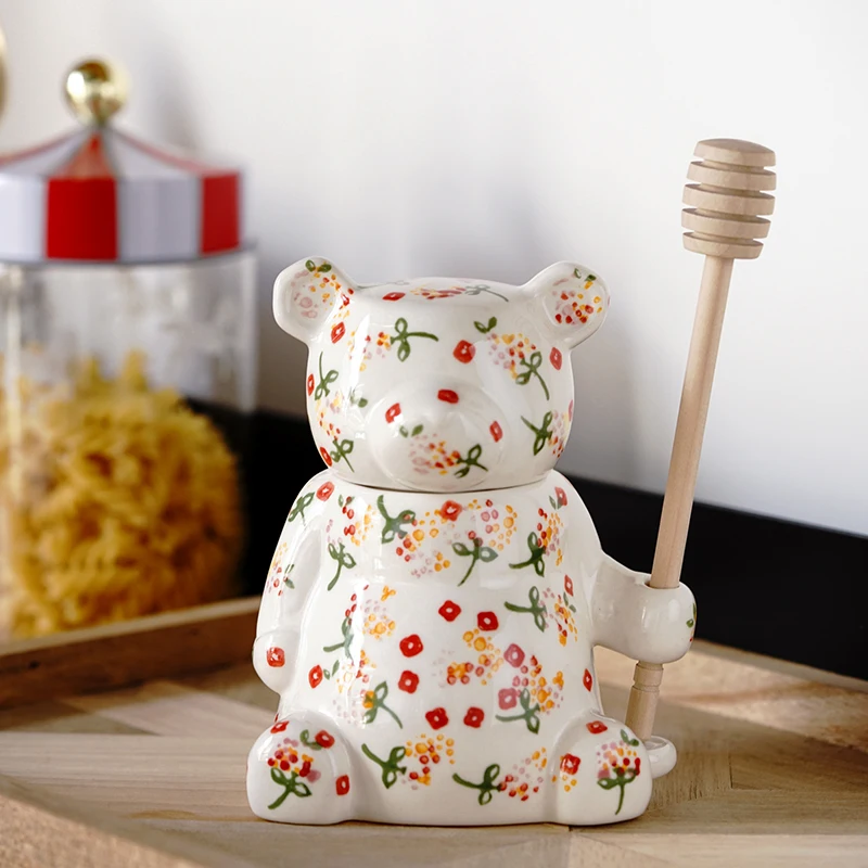 

Ceramic Bear Hand-Painted Illustration Storage Jar Sealed Bottle Honey Pot Home Gift Storage Model Room Decoration Medium Beech