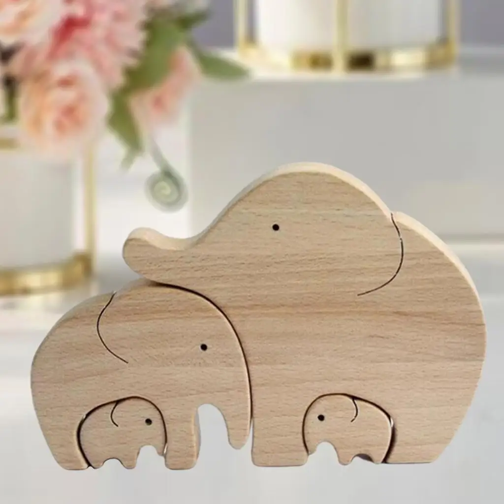 Handcrafted Wood Wild Animal Figurines Elephant Dad Mom Baby Statue for Bookshelf Cabinet Decor Centerpiece Gift