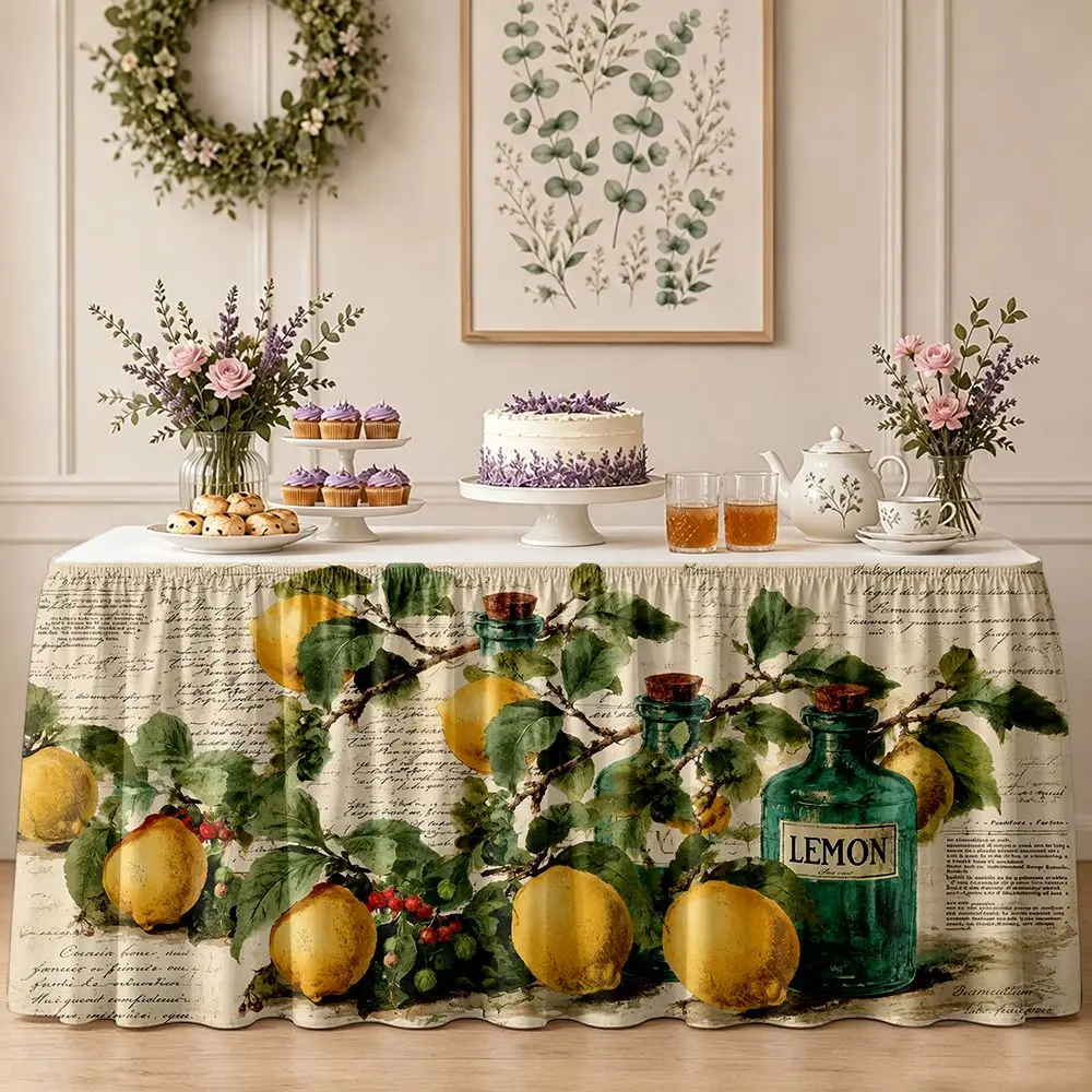 1 piece Velcro pie table skirt, lemon leaf bottle retro text background ruffle leaf edge table circumference
