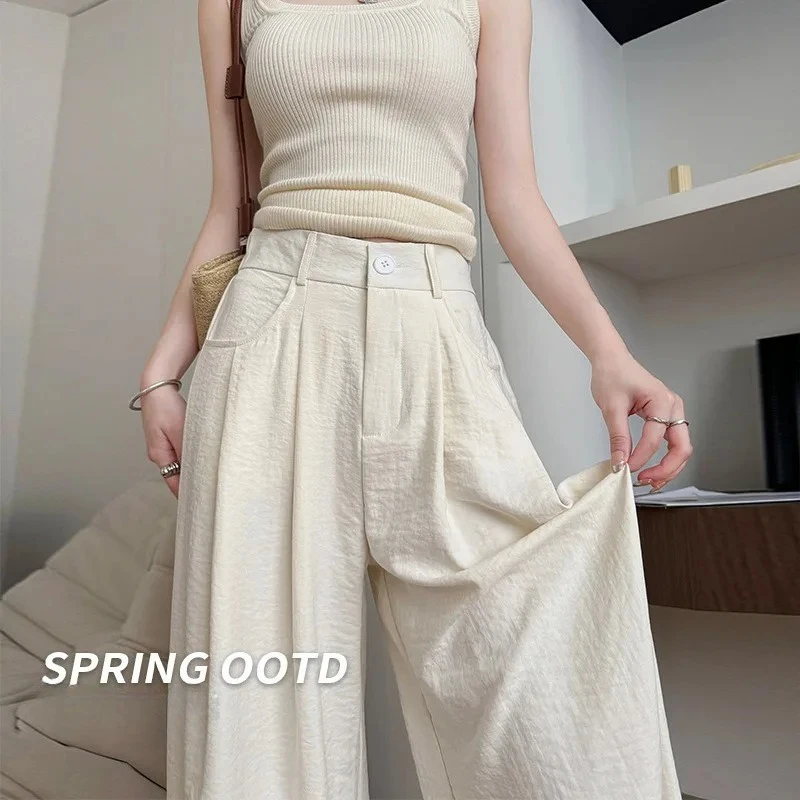 Dünne Damen-Hose mit hoher Taille und geradem Bein, lockere, faule Hose mit weitem Bein, weiße Milch-Ehemann-Hose, Frühlingsneue Damenhose