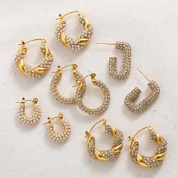 Fashion Paved Pearl CZ Twist Hoop Earrings for Women Gold Plated Stainless Steel Geometric Circle Buckle Earring Luxury Jewelry