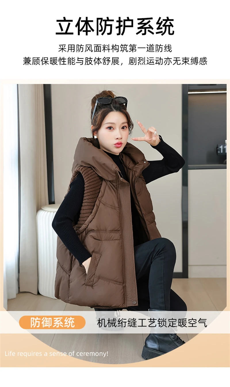 A-word Vest Down Cotton Padded Jackets Short Waistcoat Mid-Length Slim Hooded Autumn Winter Jackets Solid Women's Coats Trend