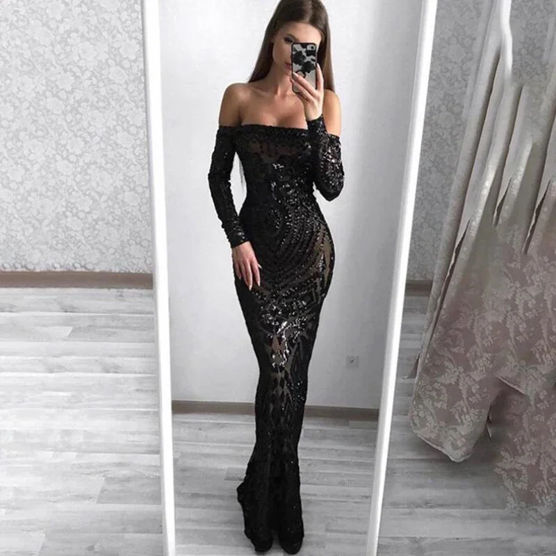 Slash Neck Slim Lace Fishtail Dress Party Women Elegant Long Sleeve Embroidered White Dresses Woman Evening Bride Smaid Vestidos