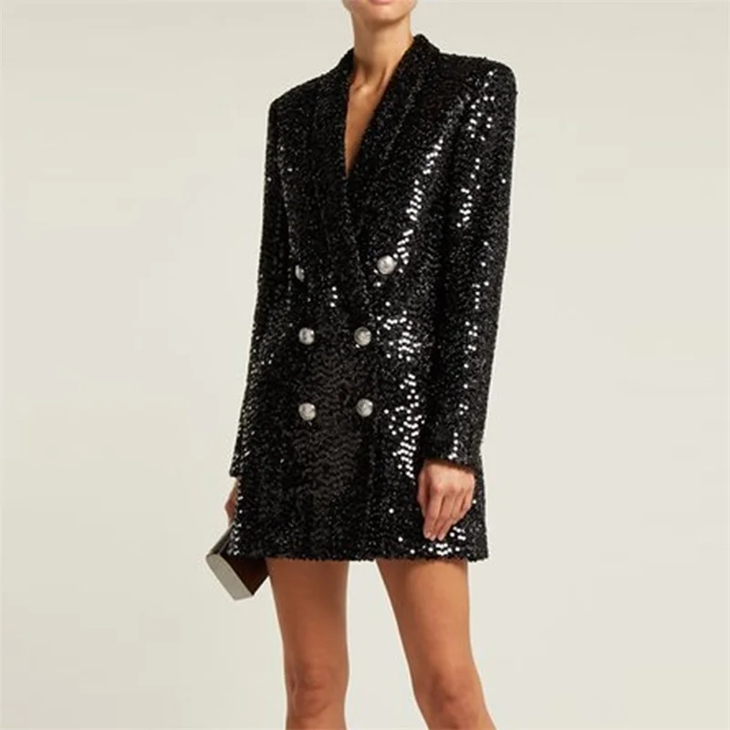 Mini Robe de Bal Courte à Paillettes pour Femme, Blazer de Styliste, Double Boutonnage, Longue Piste, Sexy, Veste Noire, en Stock