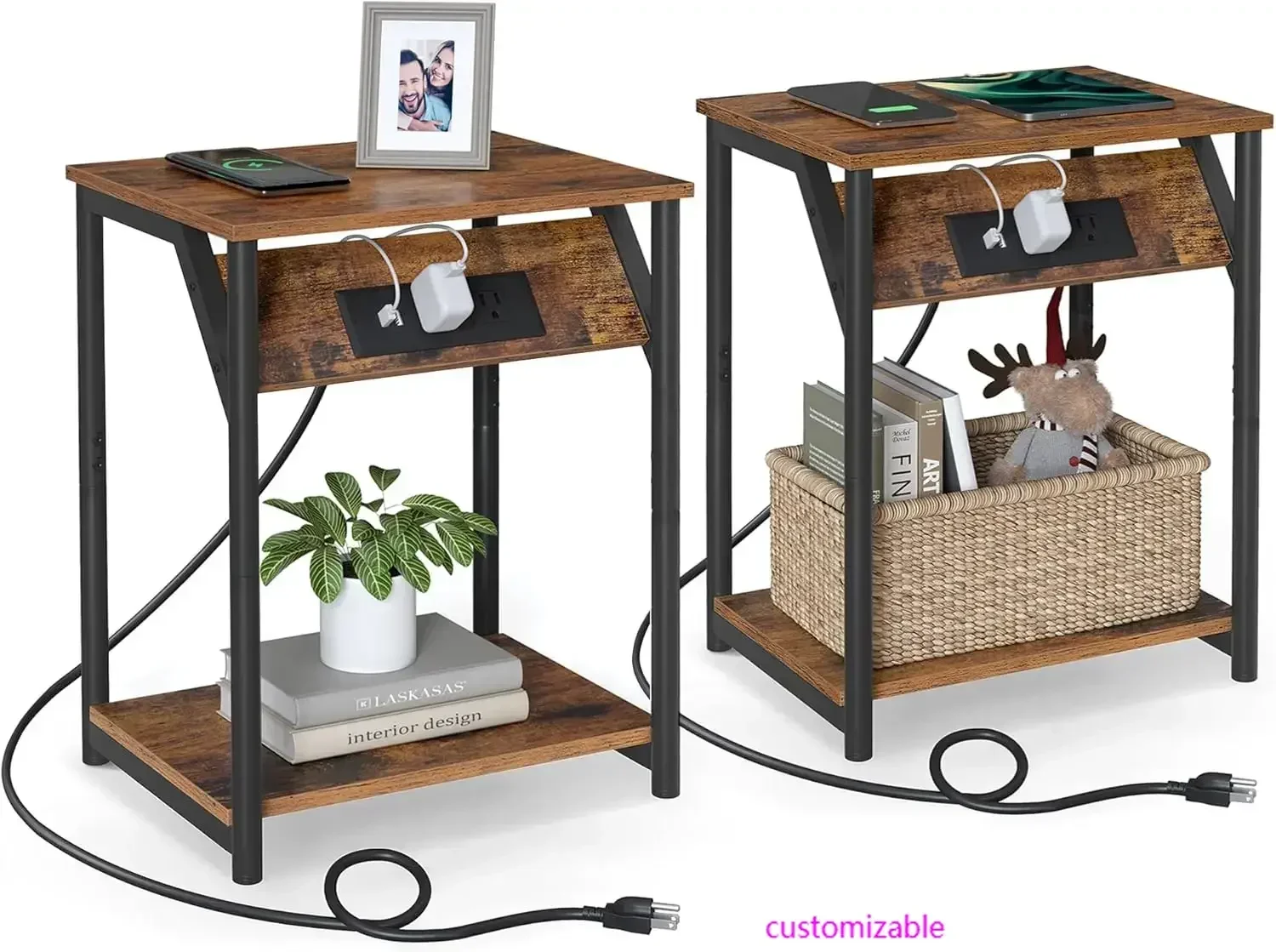 

End Table with Charging Station, Set of 2, Small Side Tables for Living Room, Bedroom, Nightstand with Outlets and USB Ports,