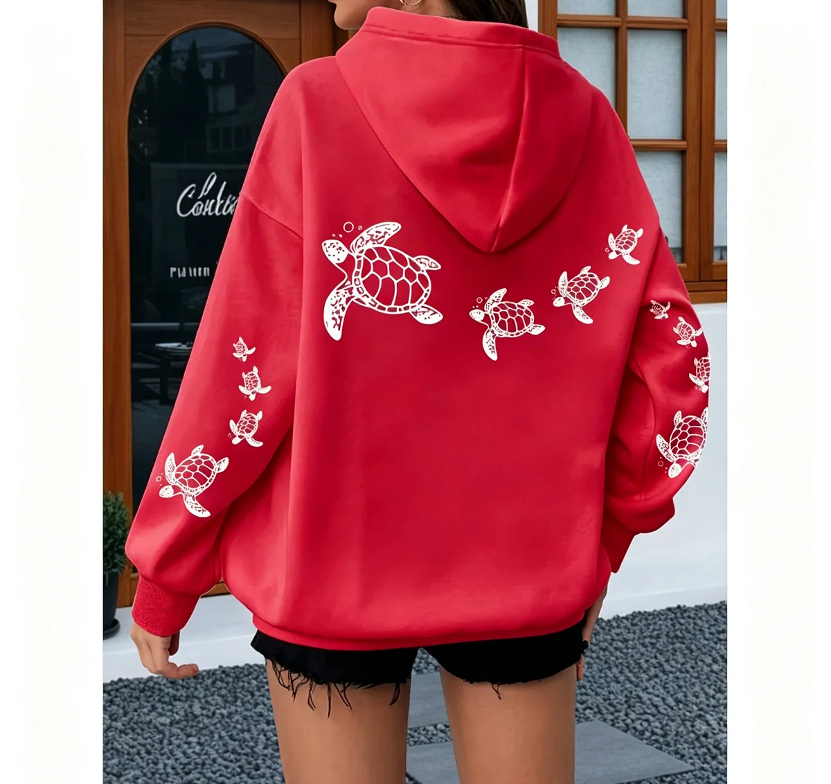 Women Sea Turtle Print Hoodie Back & Sleeve Tortoise Graphic Long Sleeve Casual Oversized Autumn Pullover Sweatshirt