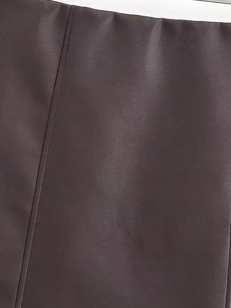 Falda de cuero marrón para mujer, minifaldas de oficina para mujer, falda acampanada, cintura alta, a la moda, invierno, otoño, 2025