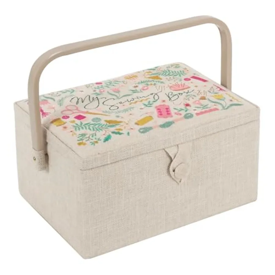

Medium Sewing Box Craft Storage Box with Handle Internal Accessories Tray Pin Cushion and Pocket for Sewing Knitting and Hobby