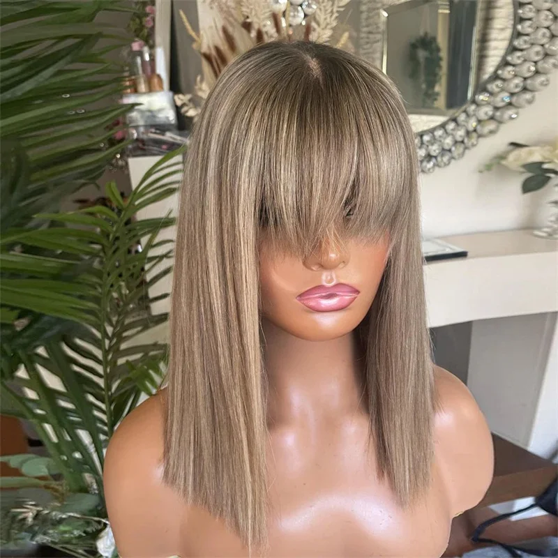 

Real Natural Hair Wig with Bangs Human Hair Wig Short Bob Lace Frontal Wigs Ash Brown Blonde Highlights Glueless Lace Part Wig