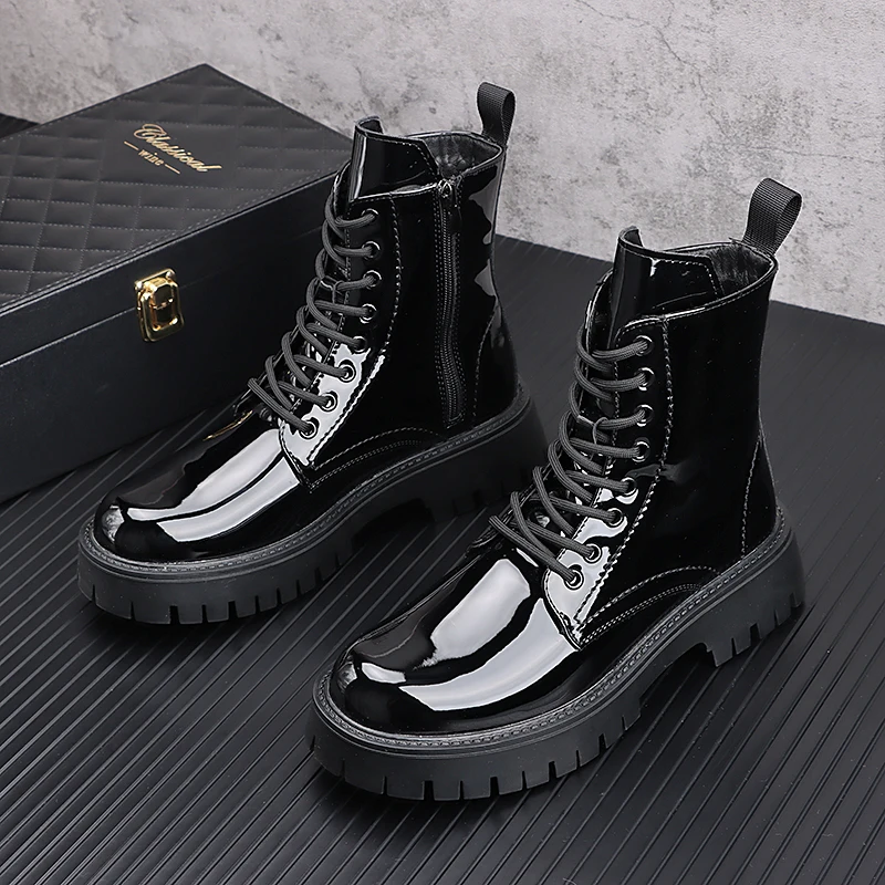 England style men's leisure autumn winter boots tide patent leather shoes handsome cowboy platform boot short botas zapatillas