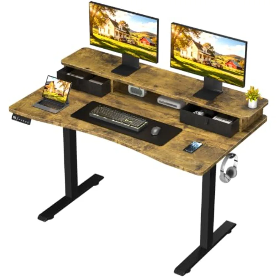 Standing Desk with Drawers for home office use, engineered wood in white, height-adjustable with smooth dual-motor lift system
