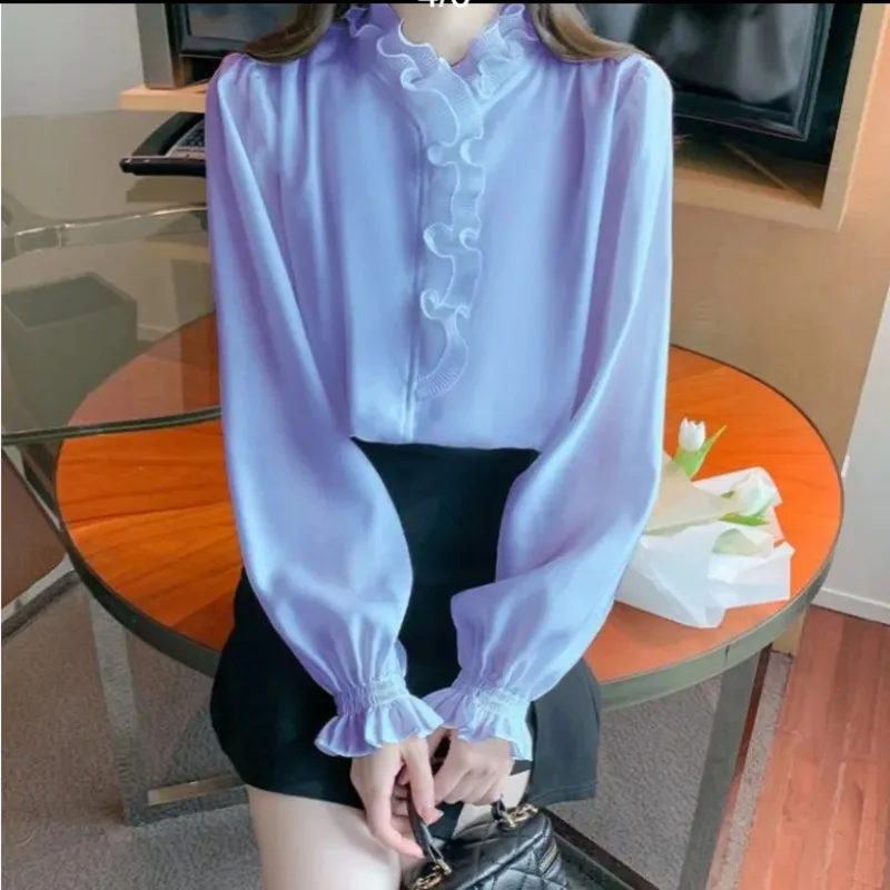 2024 spring autumn New Women\'s Solid Color Chic Slim Blouses Fashion Spliced Ruffled Neck Shirring Long sleeved Chiffon Shirts