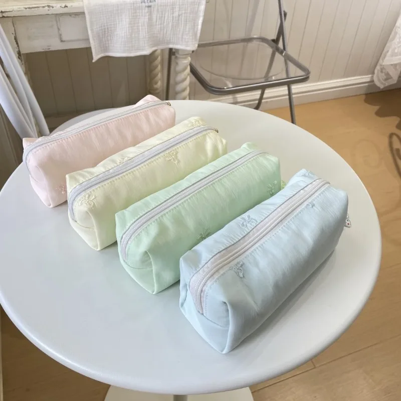 Macaron Color Bow Embroidery Pencil Case Makeup Brush Storage Bag Travel Portable Cosmetic Pouch for Girl Stationery Organizer