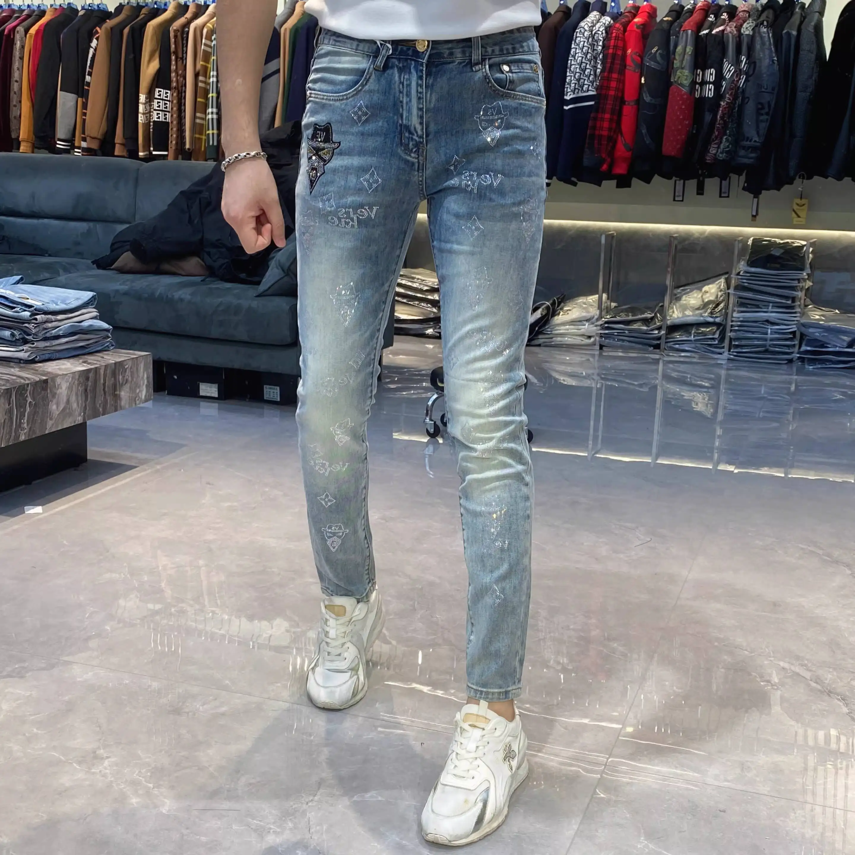 2026 Men's Spring Personality Rhinestone Slim Fit Stretch Jeans Jeans Hombre Skinny Pants Men Jeans Pants Vaqueros Hombre 2026