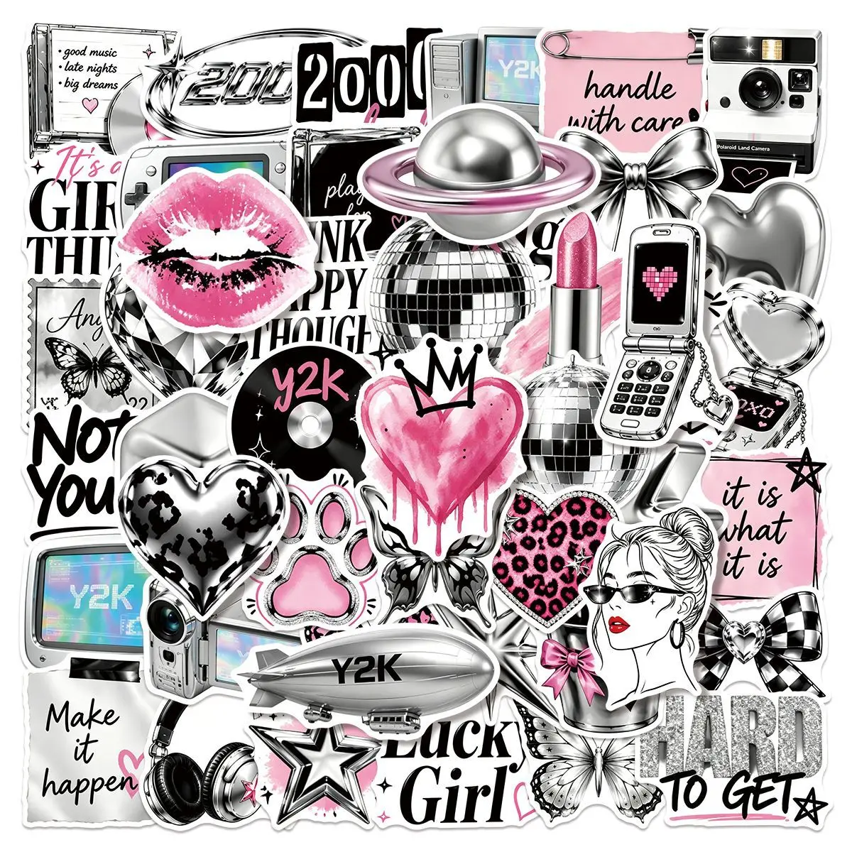 50 Pcs Y2K Silver Color Creative Style Girl Heart Stickers Sweet Cool Waterproof for Journal Gacha Water Cup Decorations