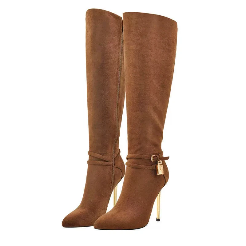 Brown Pointed Toe Gold-Plated Heels Knee-High Boots Woman Winter 2026 Side Zipper Lock Buckles Stilettos Women's Boots Fashion