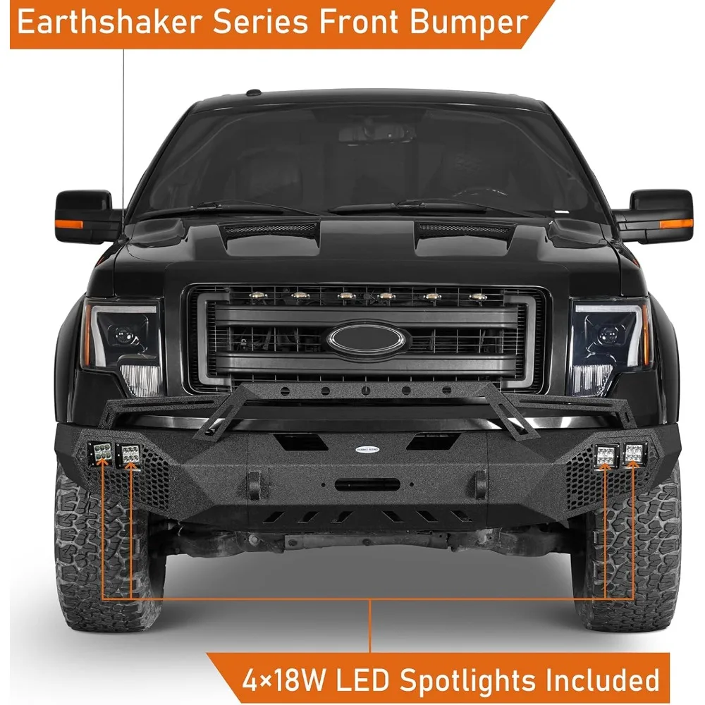 المصد الأمامي Earthshaker F150 مع شريط الثور ولوحة الونش لسيارة Ford F-150 2009 2010 2011 2012 2013 2014 (استبعاد رابتور)، عرض كامل