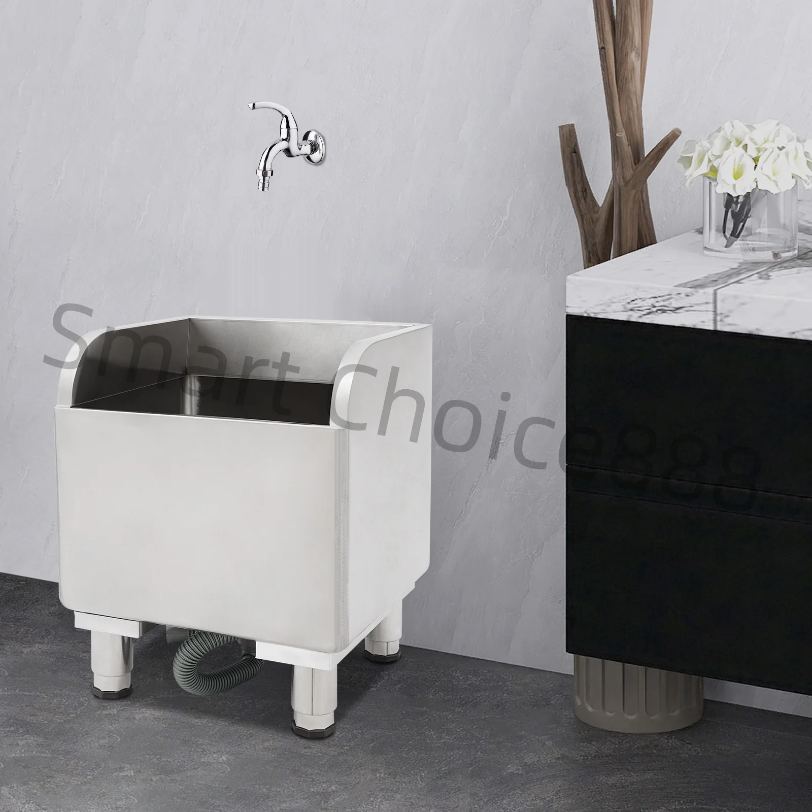 

Mop Pool Balcony Sink Rectangular Stainless Steel Raised Anti-overflow Pier Cloth Pool for Home