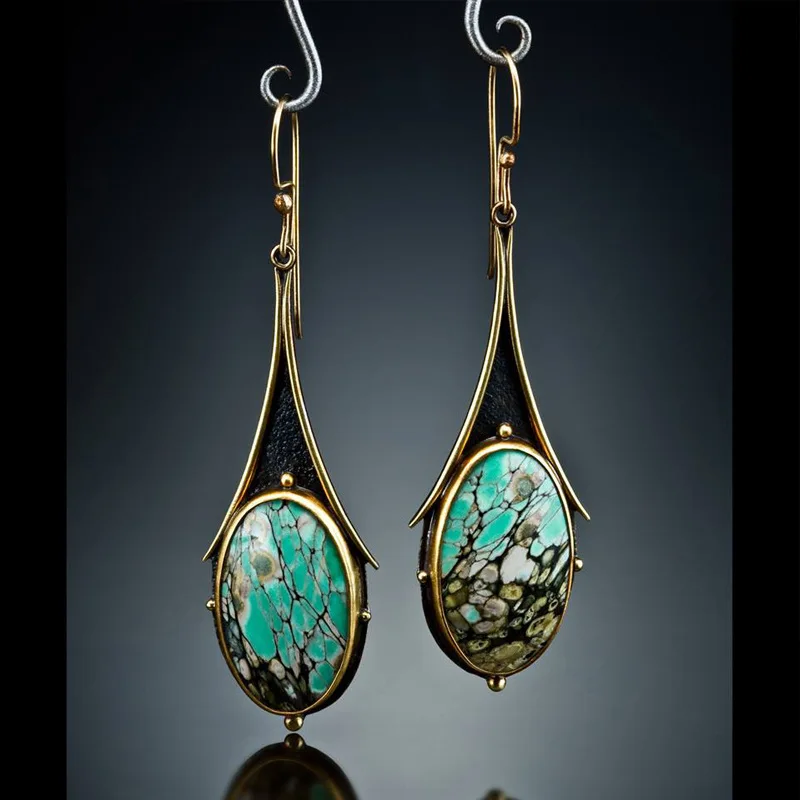 BKBK Two Tone Gold Black Metal Oval Veined Turquoise Long Wire Hook Dangle Women Earrings Wedding Earrings for Valentine Christmas 4th of July Art Deco Boho Bridal Jewelry for Brides Bridesmaids Adult Ladies Gallery Dinner Occasion