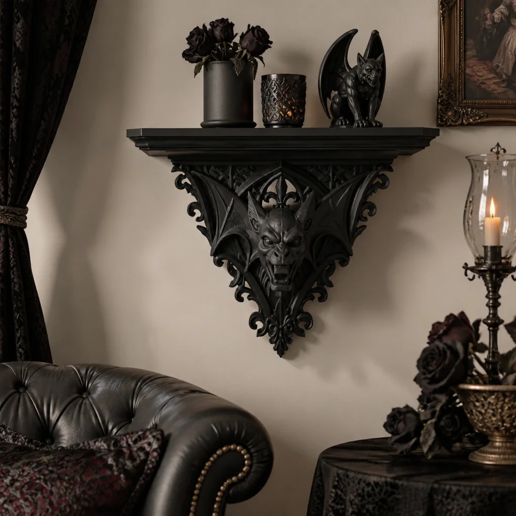 Gothic Gargoyle Corbel Wall Shelf, Black Resin Ornate Floating Display Rack for Dark Academia Medieval Gothic Home Decor